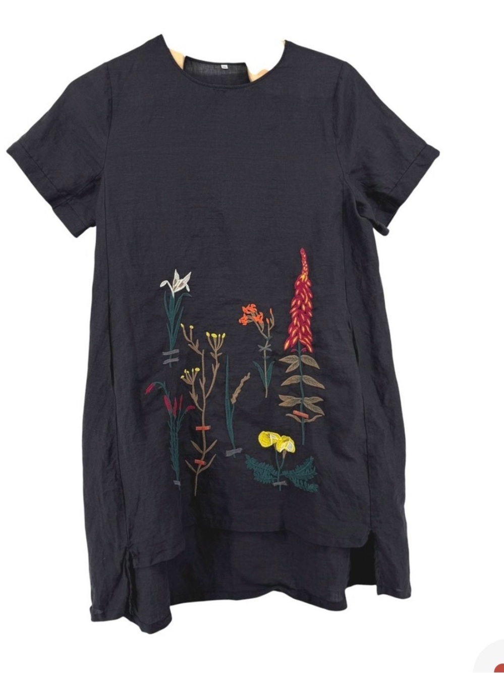 Black Linen Blend Embroidered Floral Tunic Dress XXL Short Sleeve High Low Boho